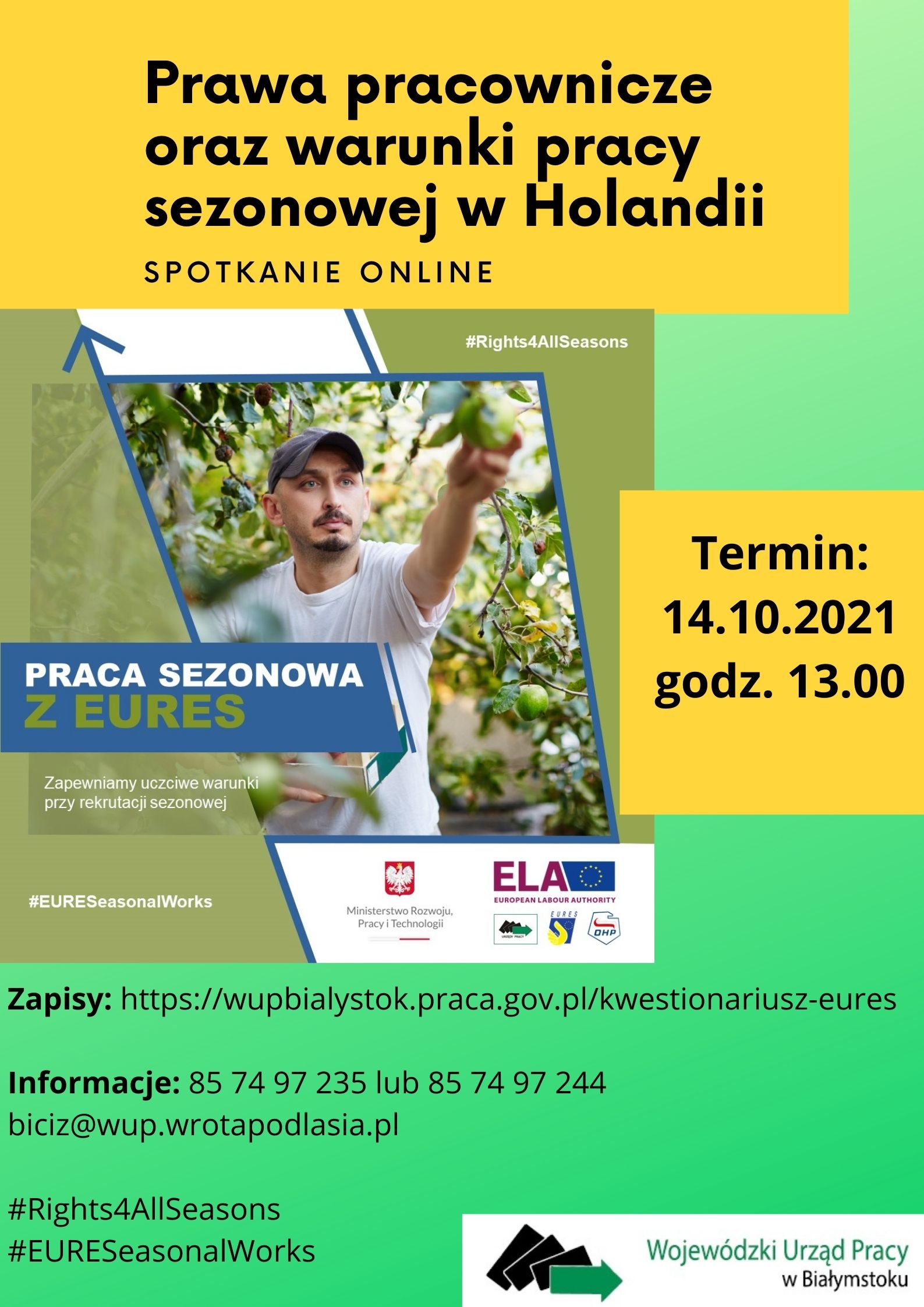 Plakat spotkania w sprawie pracy sezonowej 14.10.2021 WUP Białystok