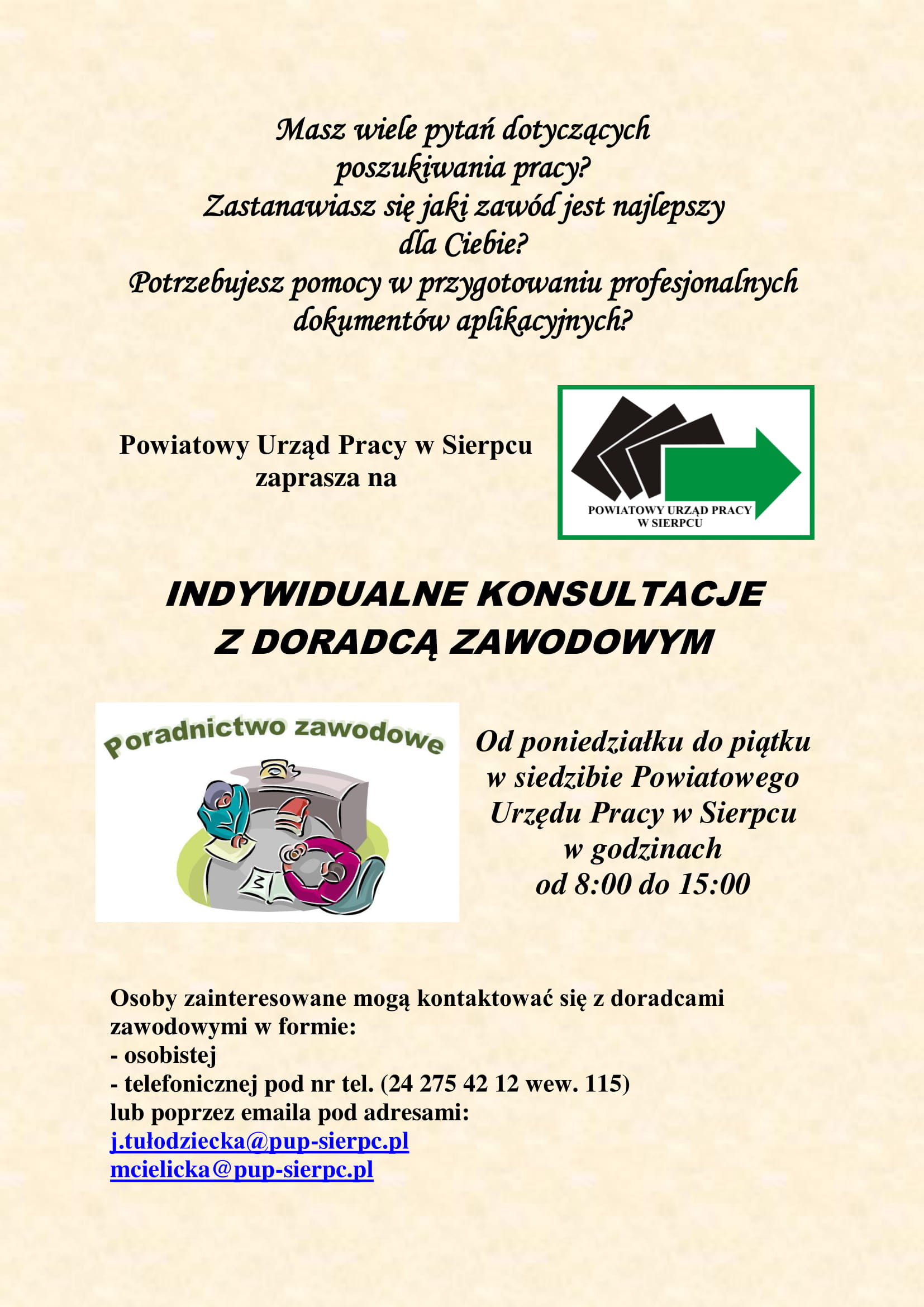 Plakat informujący o indywidualnych konsultacjach z doradcą zawodowym